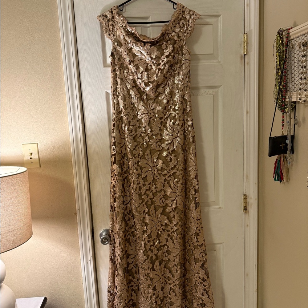 Tadashi Shoji Gold Lace Maxi Dress